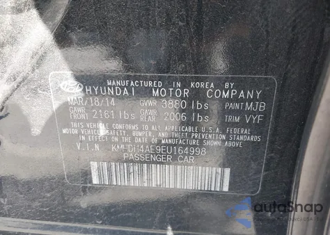 2014 Hyundai Elantra Se from USA, damaged, VIN KMHDH4AE9EU164998